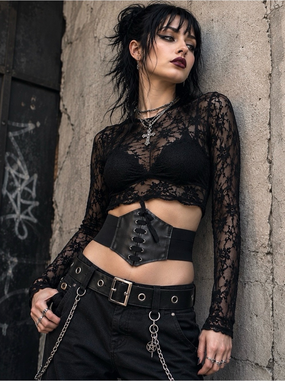 Black faux leather corset belt stretch punk goth witchy pirate S steampunk